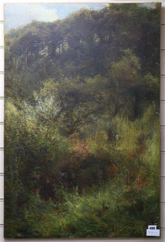 Victorian School, oil on canvas, figures in a landscape 91 x 61cm, unframed.